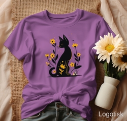Dámské tričko černá kočka s kvítky