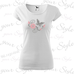 Dámské tričko stříbrný motýl+růžová