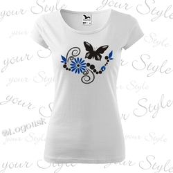 Dámské tričko s potiskem Motýl kombinace černá+tm.modrá