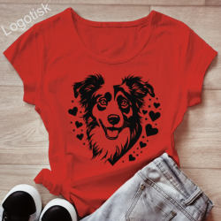 Dámské tričko potisk PES OVČÁK silueta se srdíčky