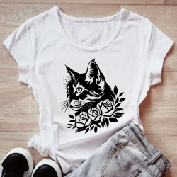 Dámské tričko potisk KOČKA silueta s kvítky
