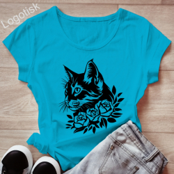 Dámské tričko potisk KOČKA silueta s kvítky