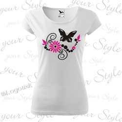 Dámské tričko s potiskem Motýl - kombinace černá+fuchsie