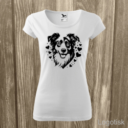 Dámské tričko potisk PES OVČÁK silueta se srdíčky