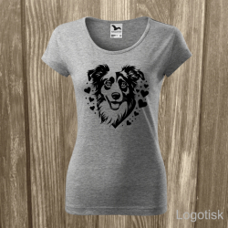 Dámské tričko potisk PES OVČÁK silueta se srdíčky