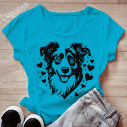 Dámské tričko potisk PES OVČÁK silueta se srdíčky